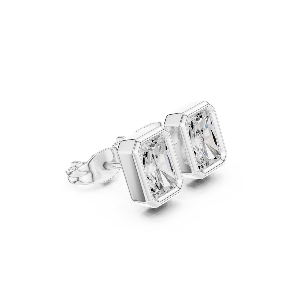  White Gold Radiant-Cut Diamond Bezel Stud Earrings Front View