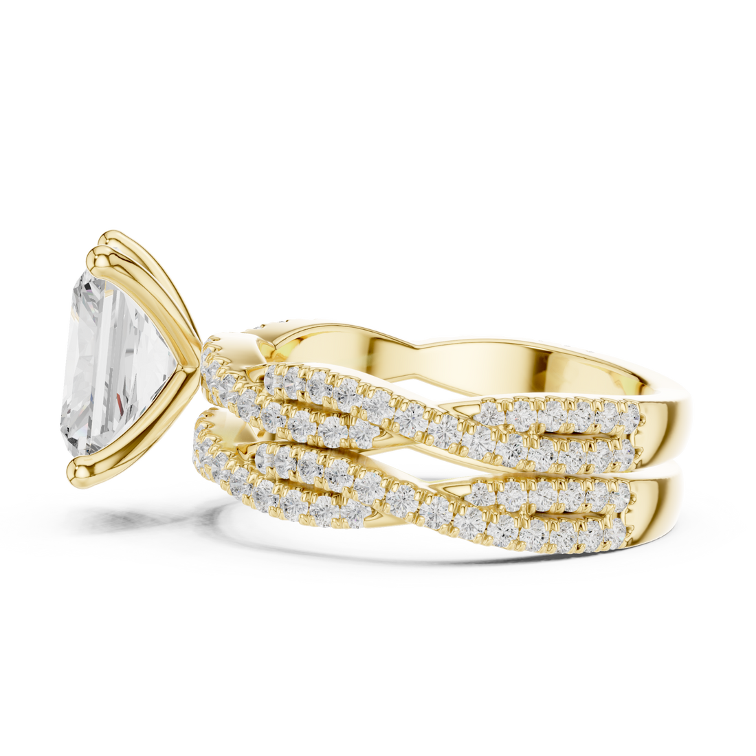 Radiant-cut twisted pave solitaire bridal set yellow gold front view