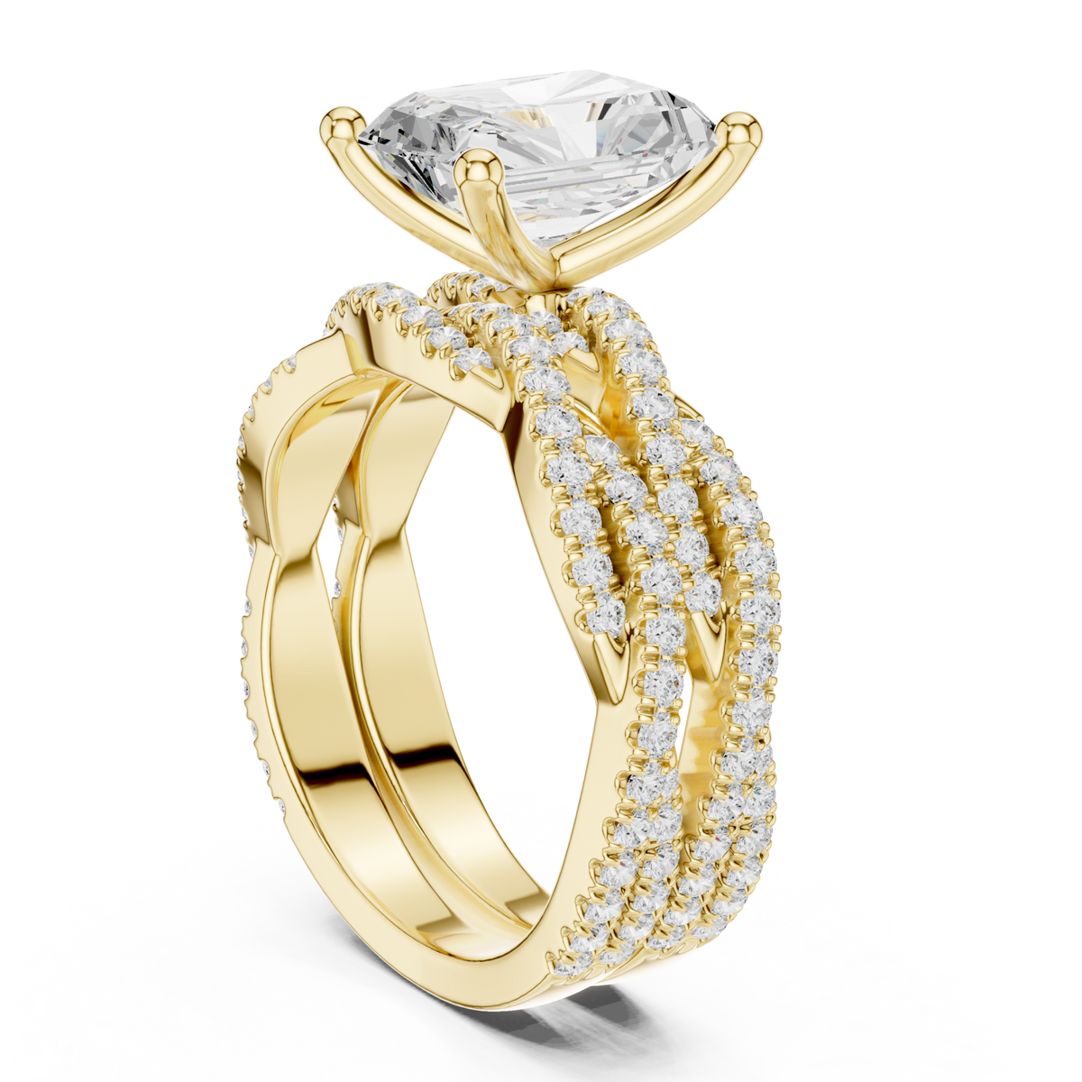 Radiant-cut twisted pave solitaire bridal set yellow gold side view