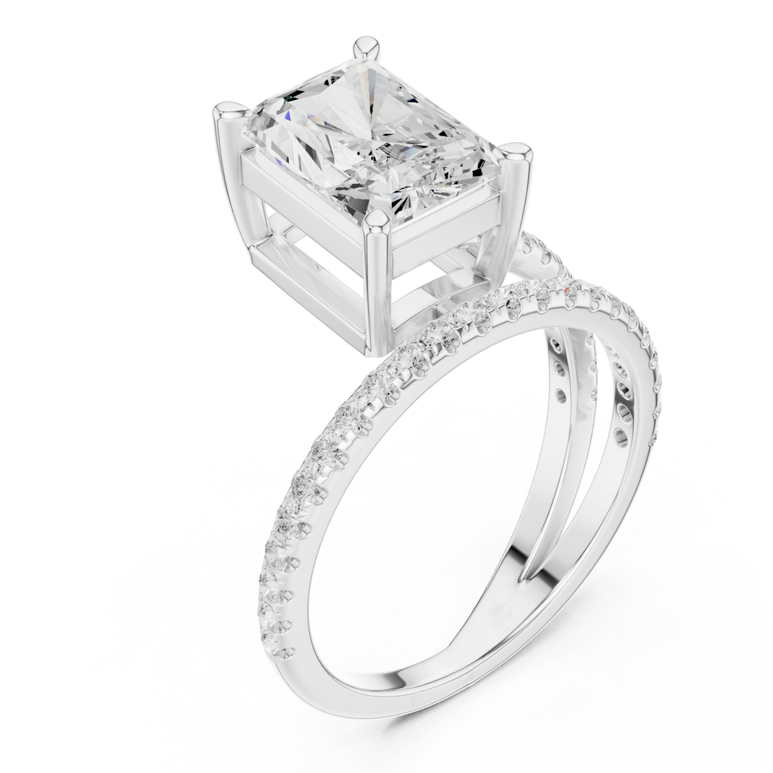 Radiant asymmetric crossover pave ring white gold front view
