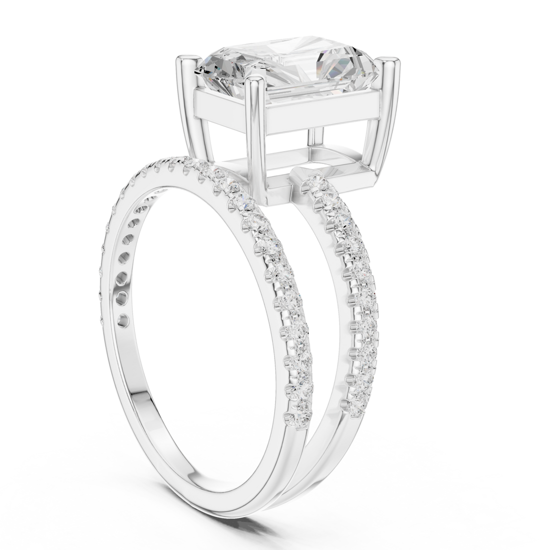 Radiant asymmetric crossover pave ring white gold front view
