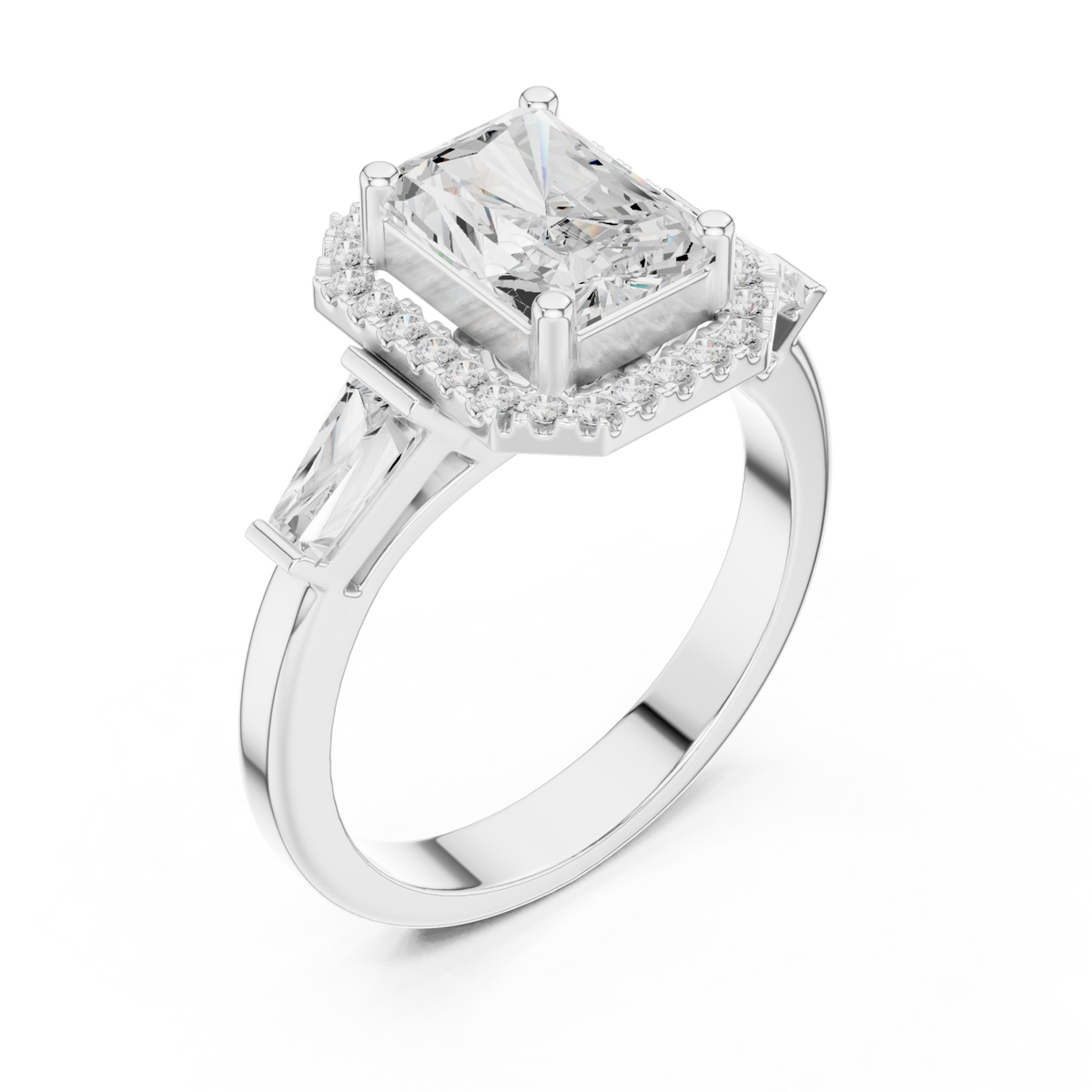 Radiant baguette shoulder halo engagement ring white gold angle view