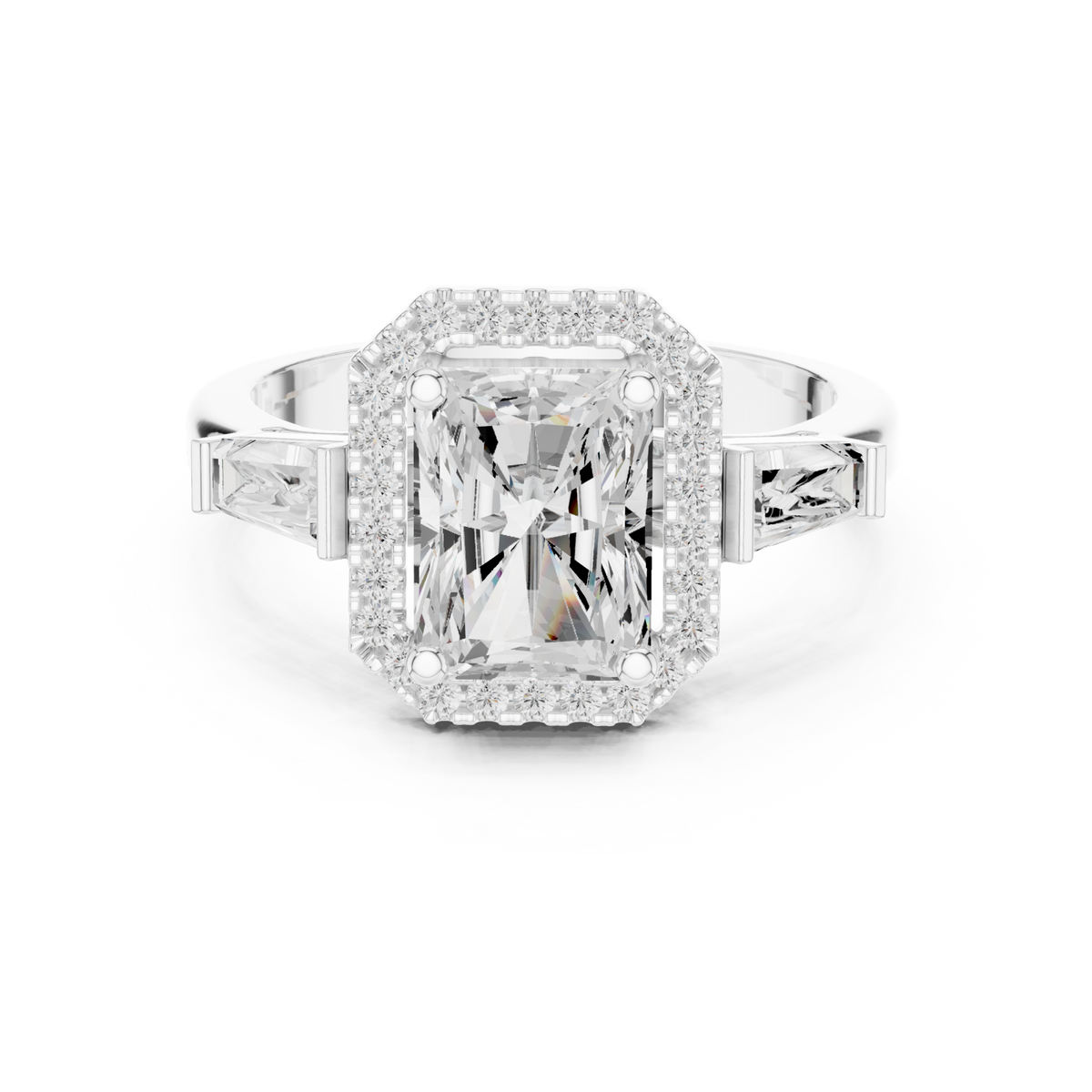 Radiant baguette shoulder halo engagement ring white gold detail view