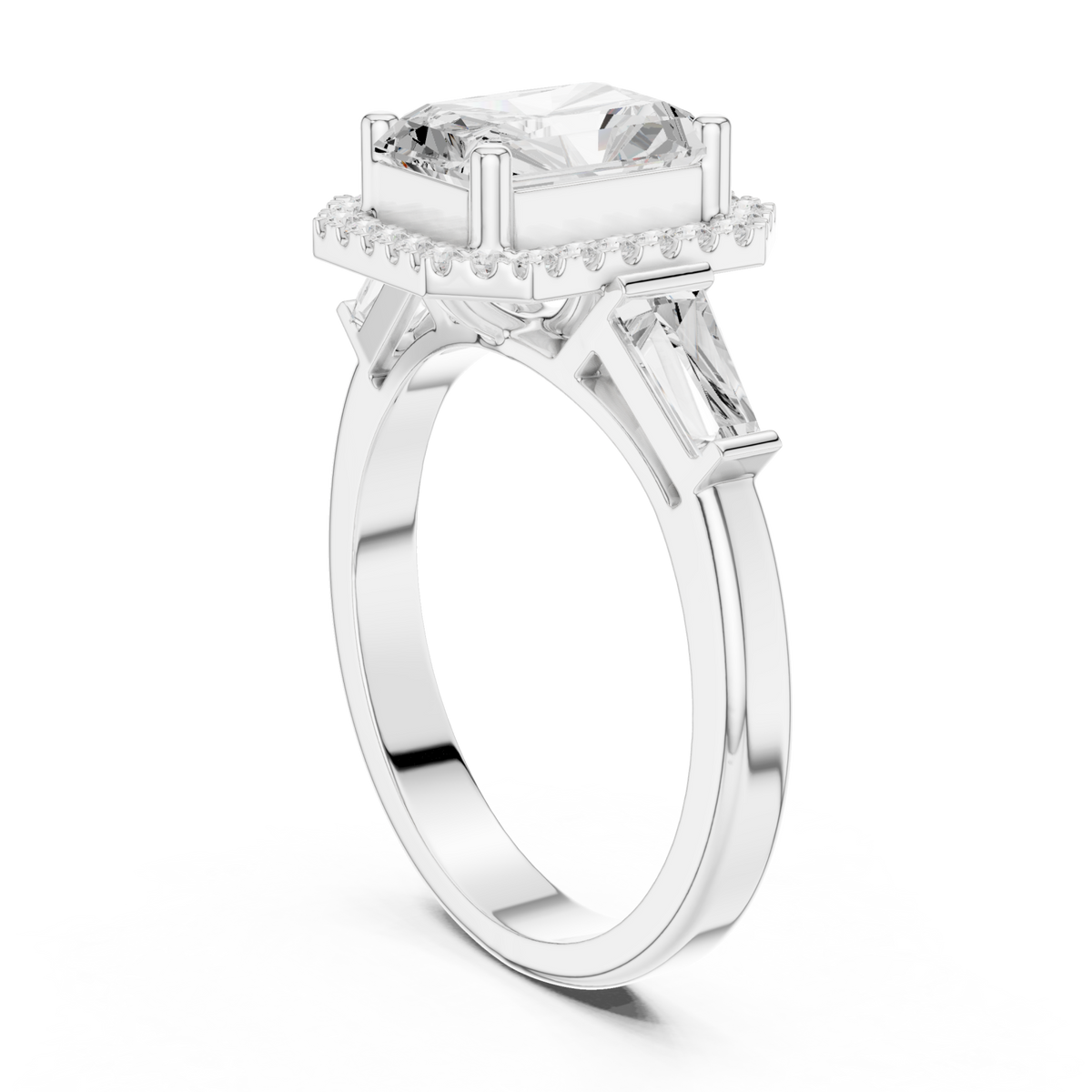 Radiant baguette shoulder halo engagement ring white gold front view