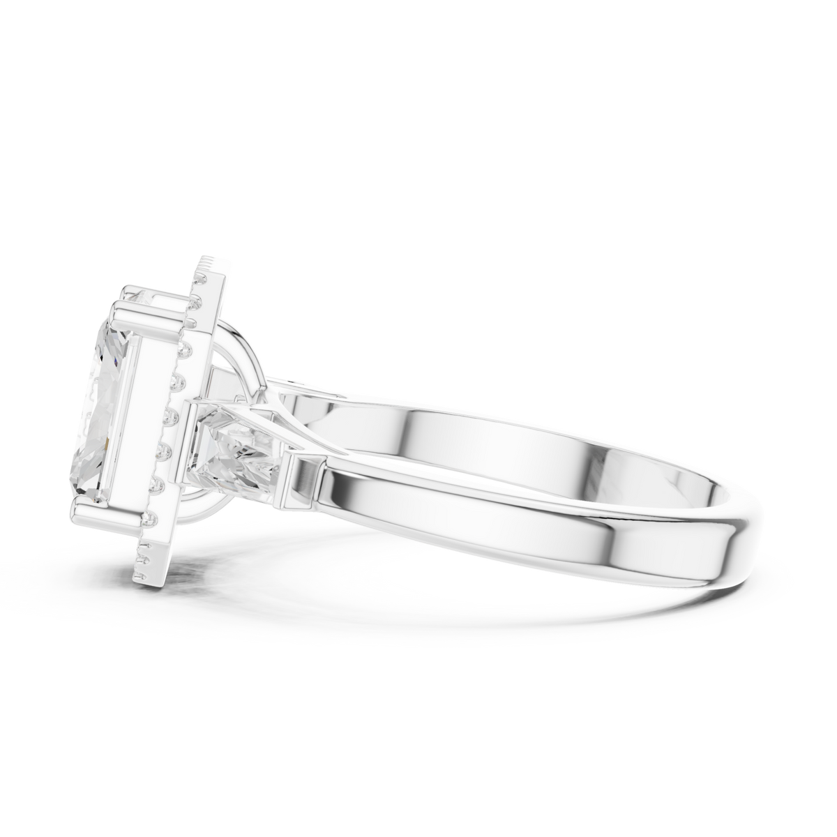 Radiant baguette shoulder halo engagement ring white gold side view
