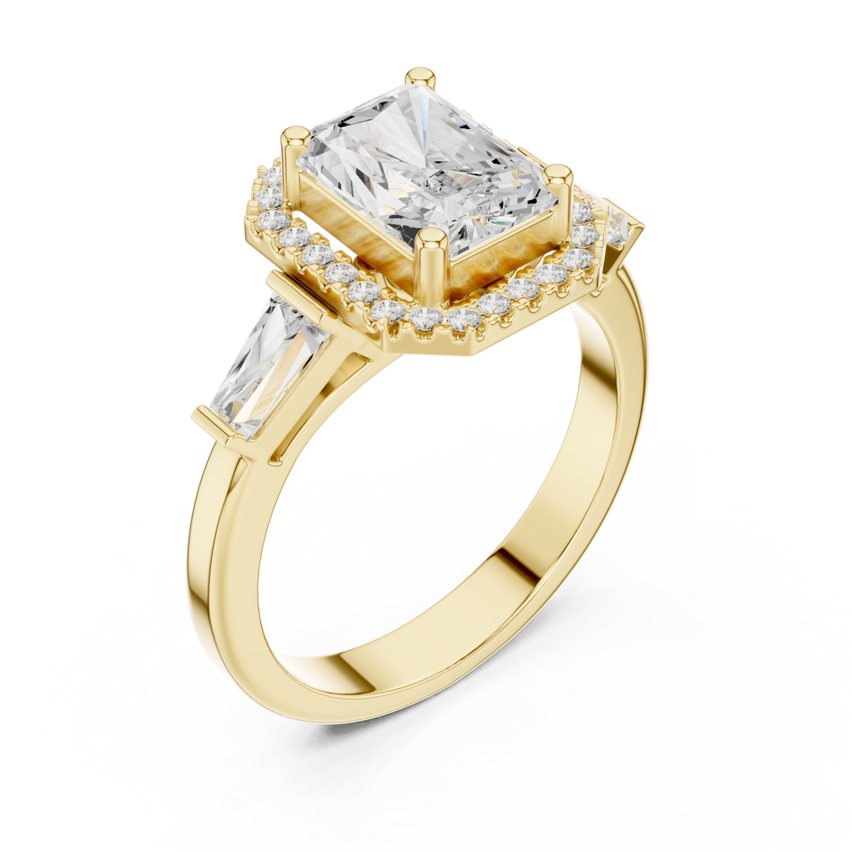 Radiant baguette shoulder halo engagement ring yellow gold angle view