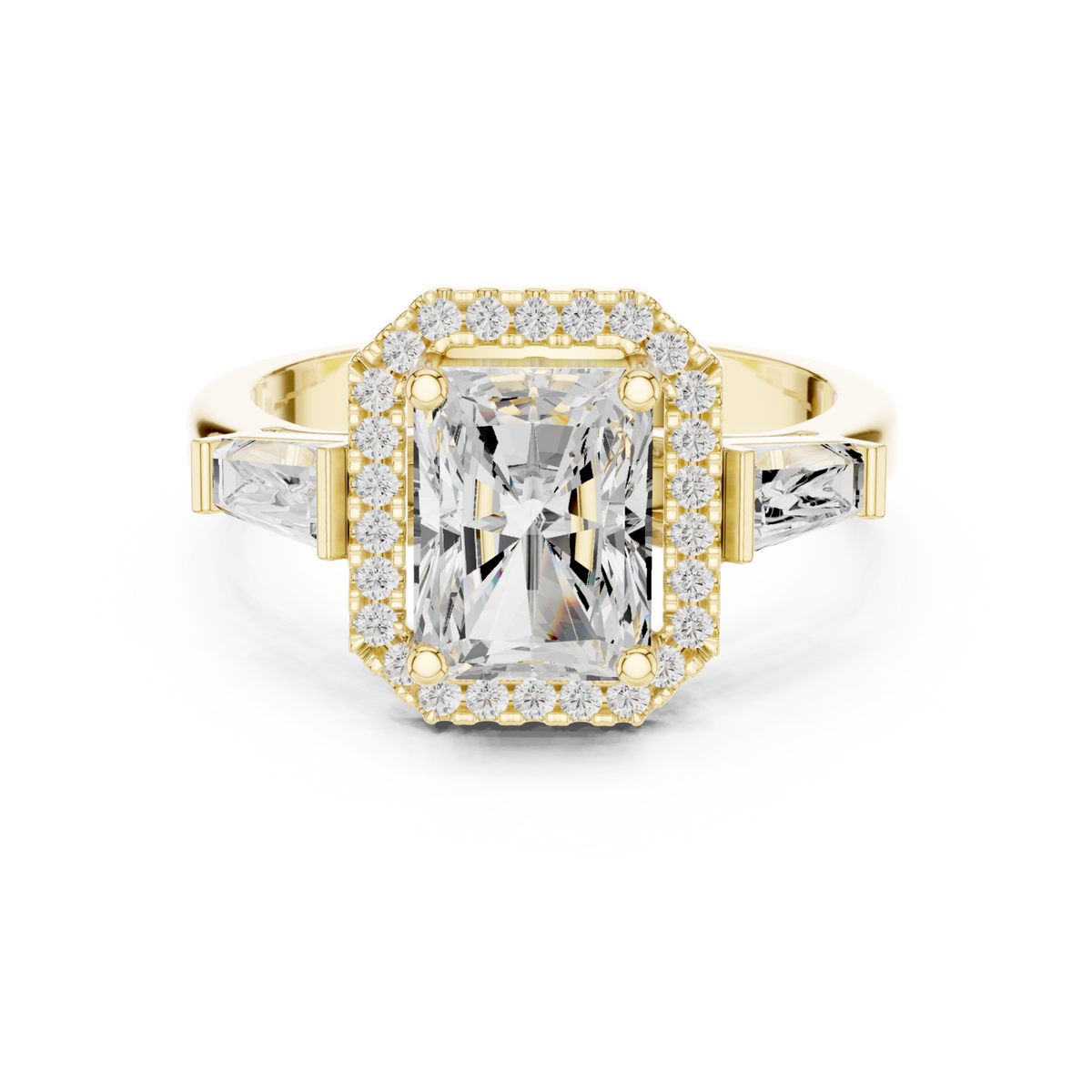 Radiant baguette shoulder halo engagement ring yellow gold detail view