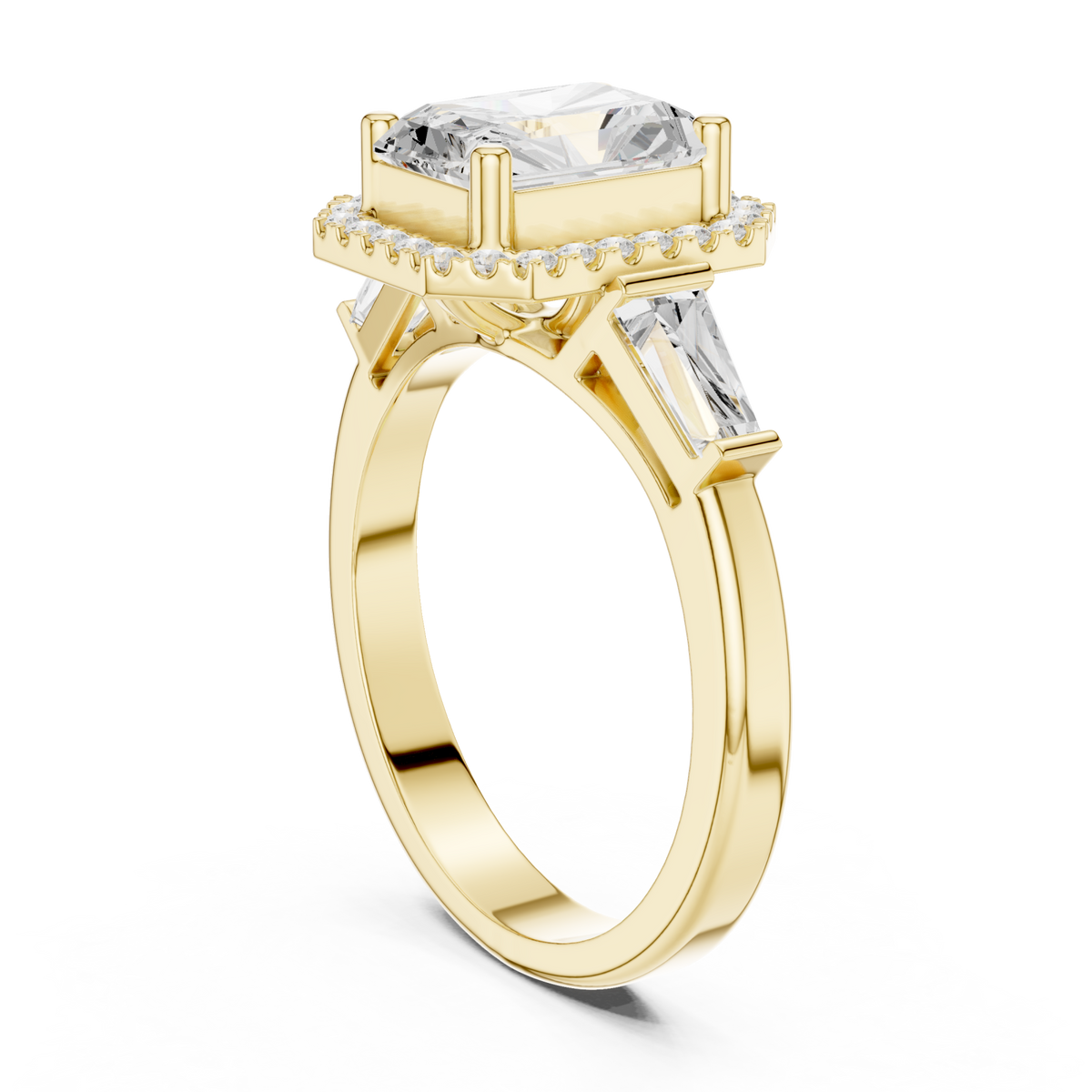 Radiant baguette shoulder halo engagement ring yellow gold front view