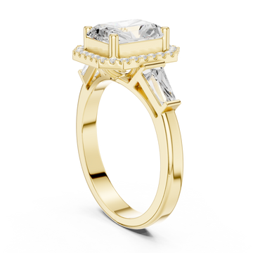 Radiant baguette shoulder halo engagement ring yellow gold front view