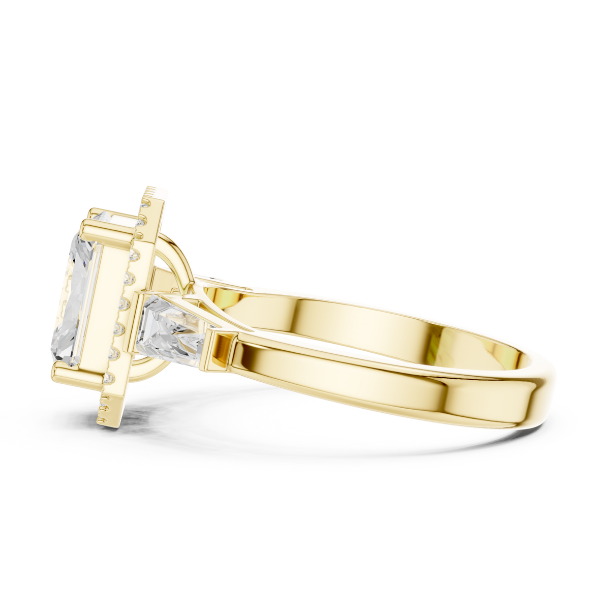 Radiant baguette shoulder halo engagement ring yellow gold side view