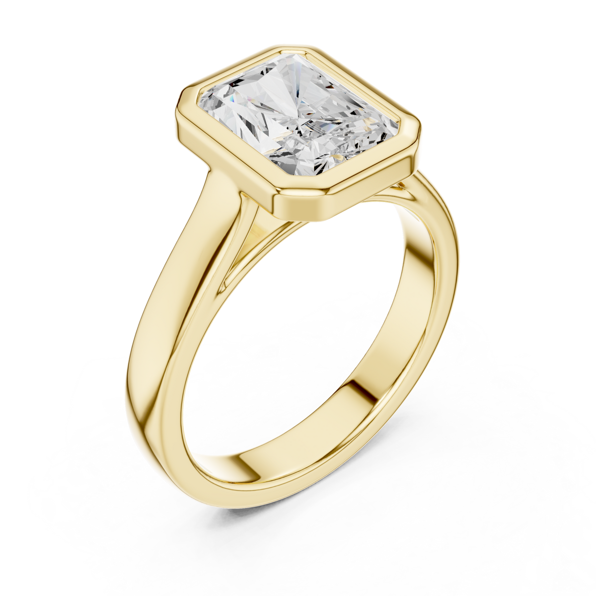 Radiant bezel solitaire engagement ring yellow gold angle view