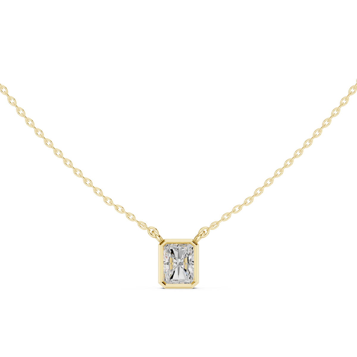 Radiant bezel solitaire pendant yellow gold detail view