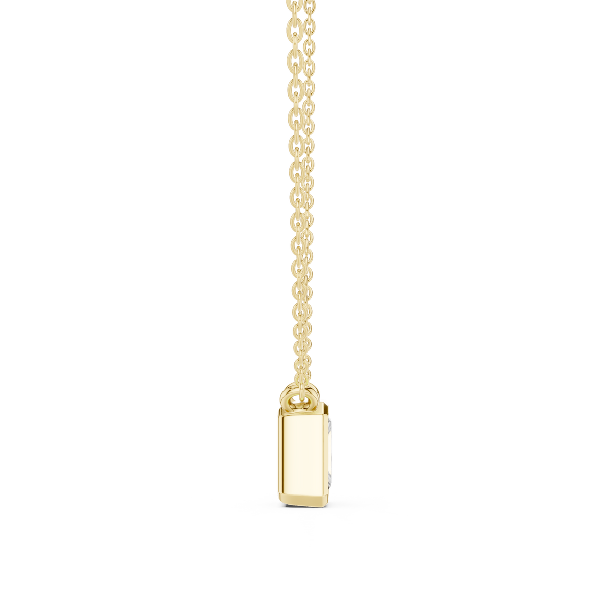 Radiant bezel solitaire pendant yellow gold side view