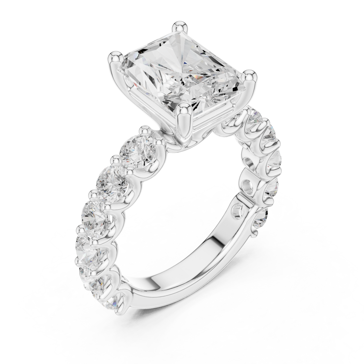 Radiant bold shared-prong accent engagement ring white gold angle view