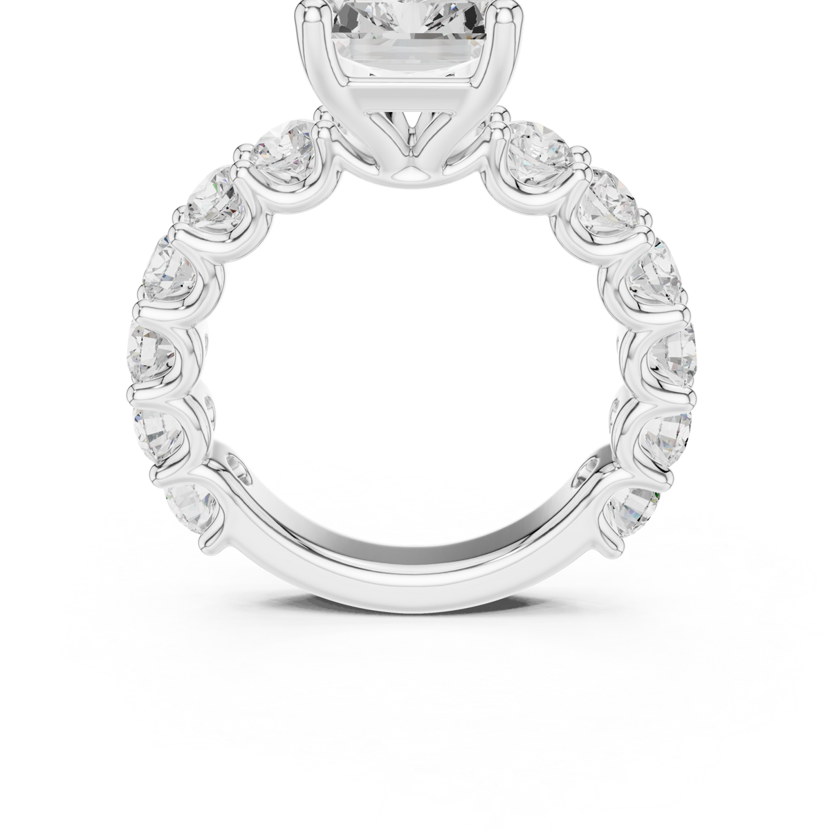 Radiant bold shared-prong accent engagement ring white gold detail view