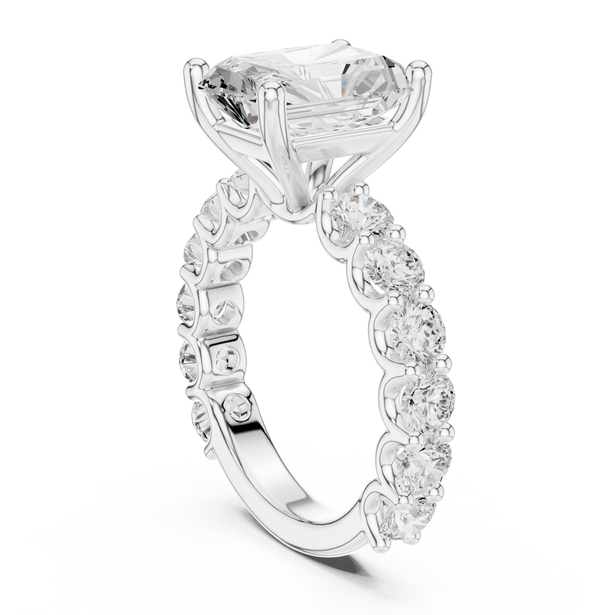 Radiant bold shared-prong accent engagement ring white gold front view