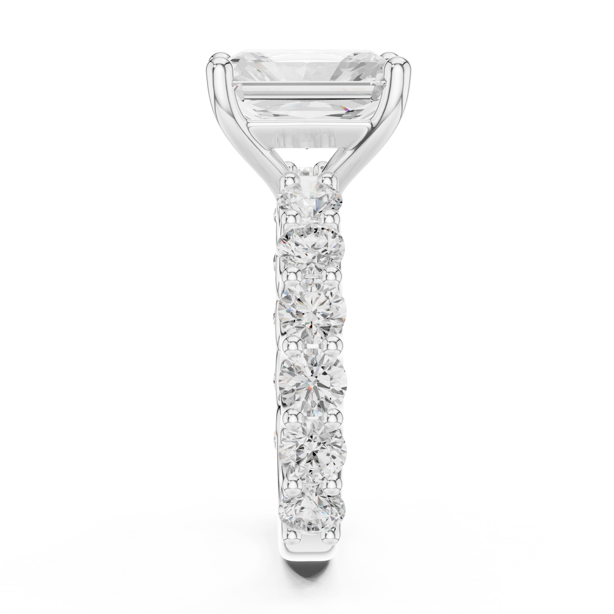 Radiant bold shared-prong accent engagement ring white gold side view