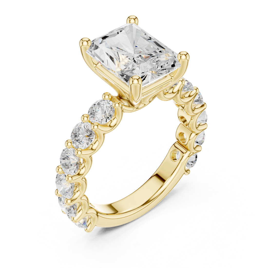 Radiant bold shared-prong accent engagement ring yellow gold front view