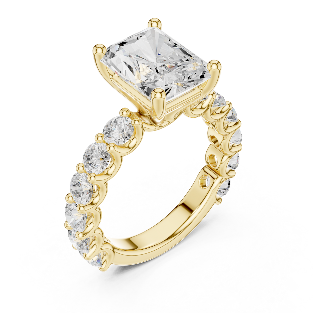 Radiant bold shared-prong accent engagement ring yellow gold angle view