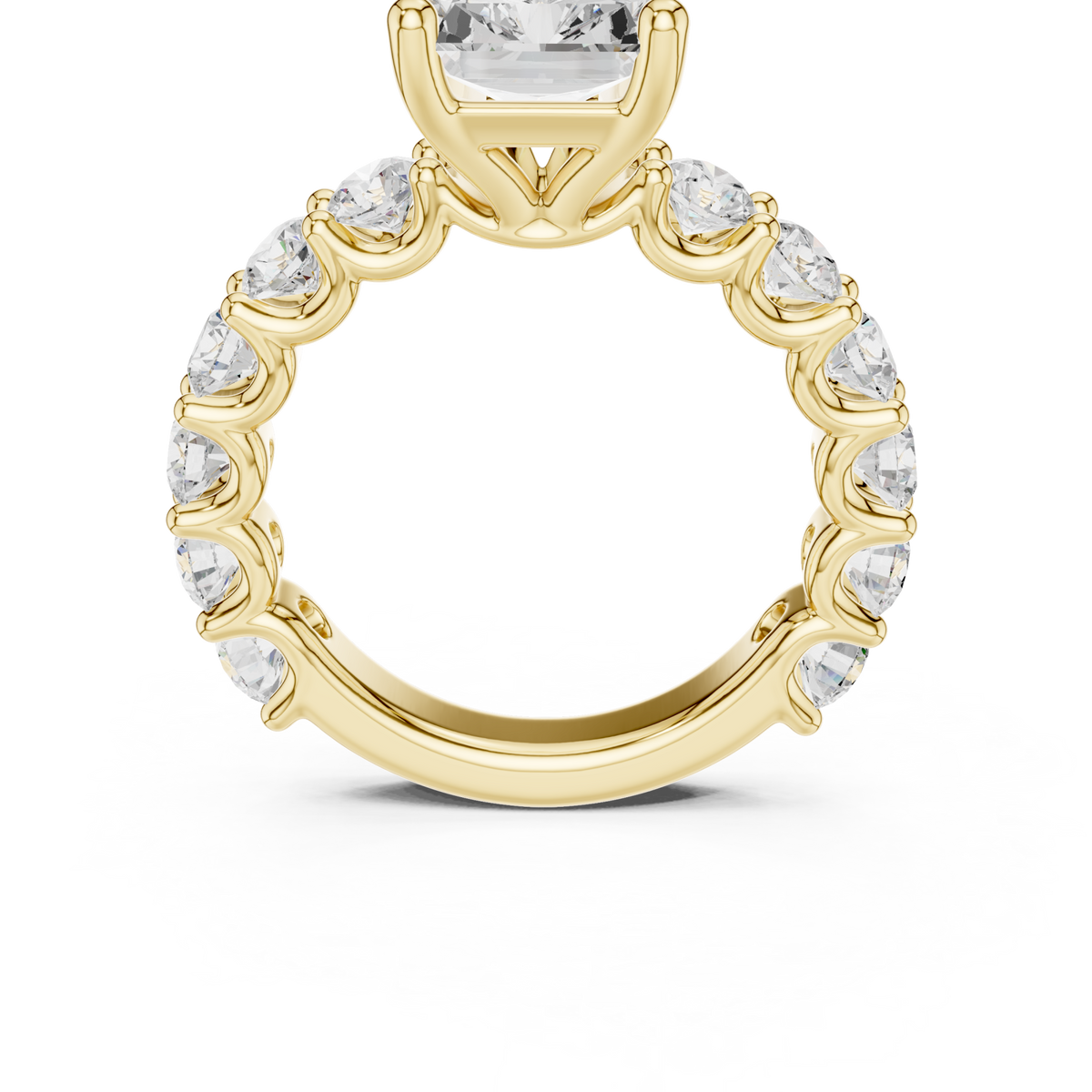 Radiant bold shared-prong accent engagement ring yellow gold detail view
