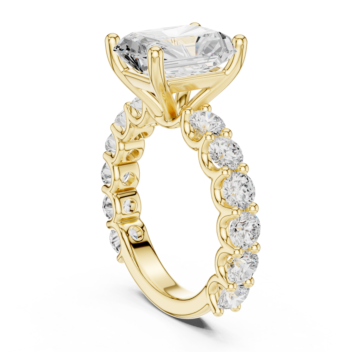 Radiant bold shared-prong accent engagement ring yellow gold front view