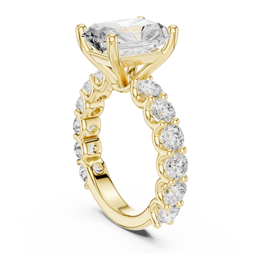 Radiant bold shared-prong accent engagement ring yellow gold front view