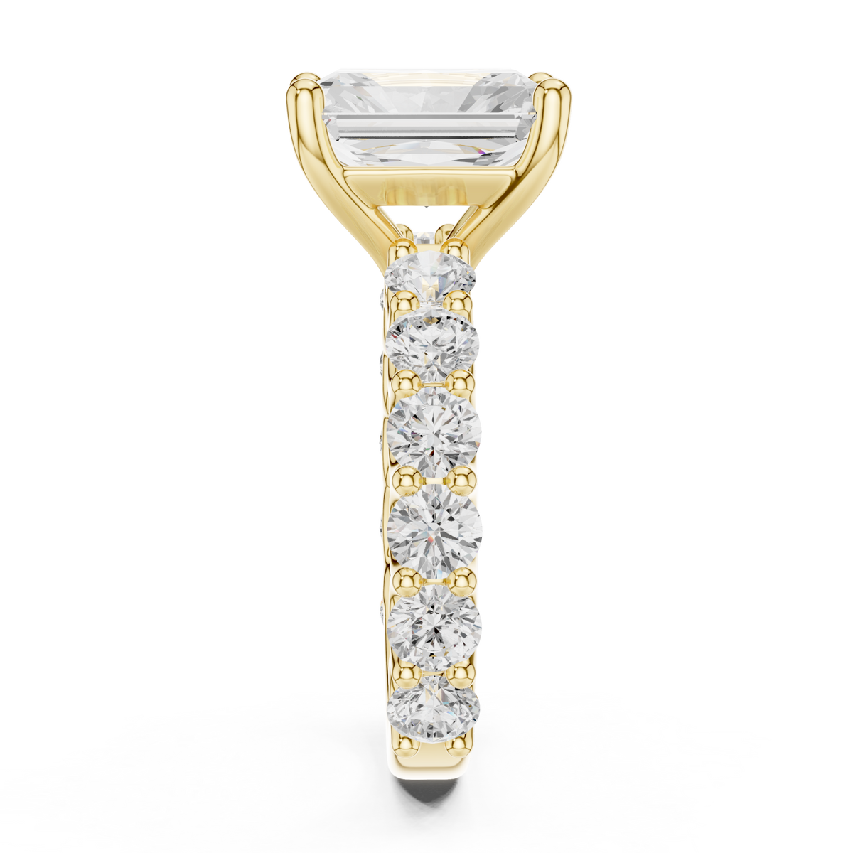 Radiant bold shared-prong accent engagement ring yellow gold side view