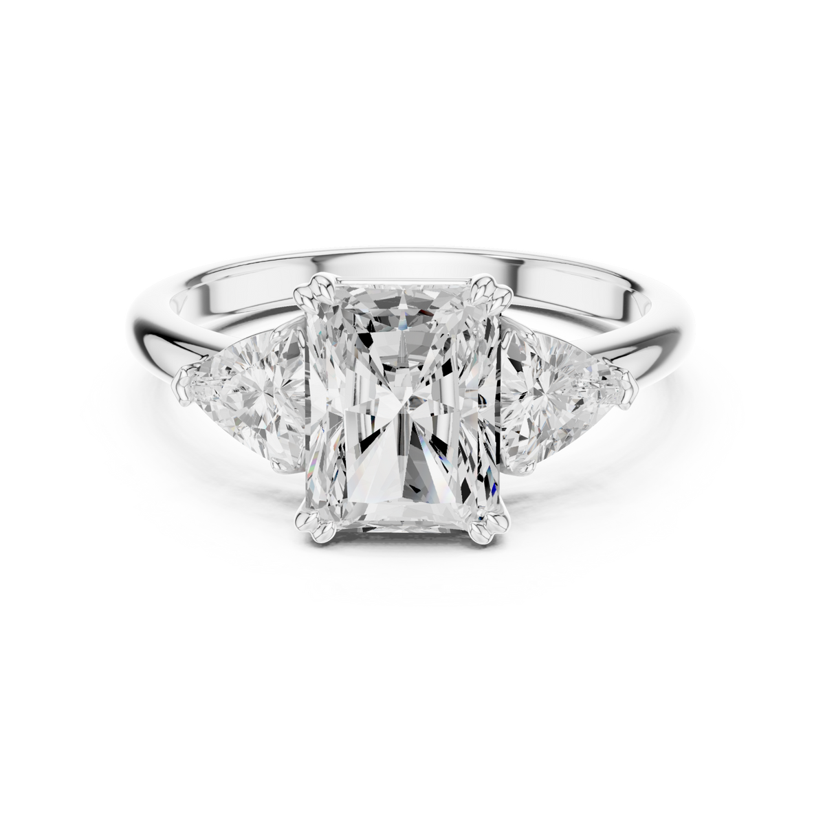 Radiant bold trillion three stone engagement ring white gold detail view