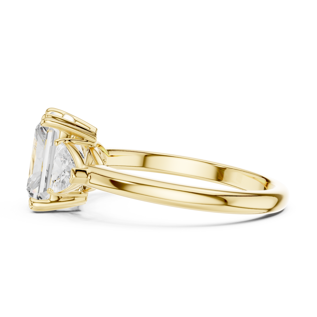Radiant bold trillion three stone engagement ring yellow gold side view