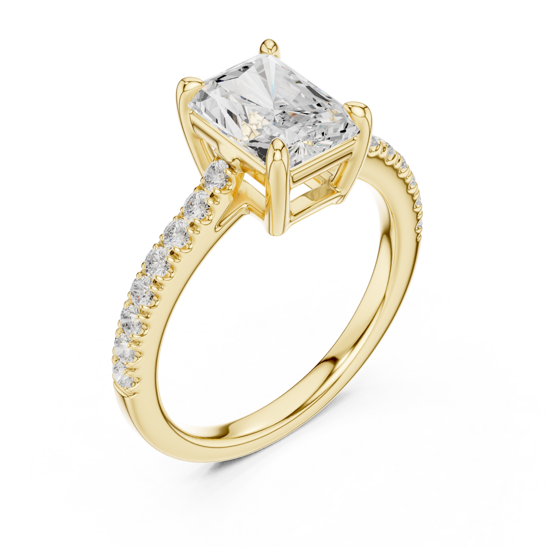 Radiant cathedral pave engagement ring yellow gold front view