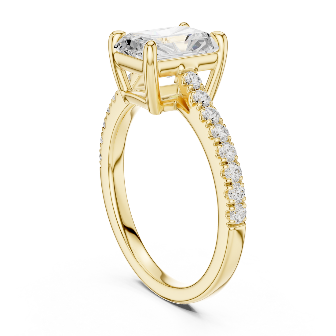 Radiant cathedral pave engagement ring yellow gold front view