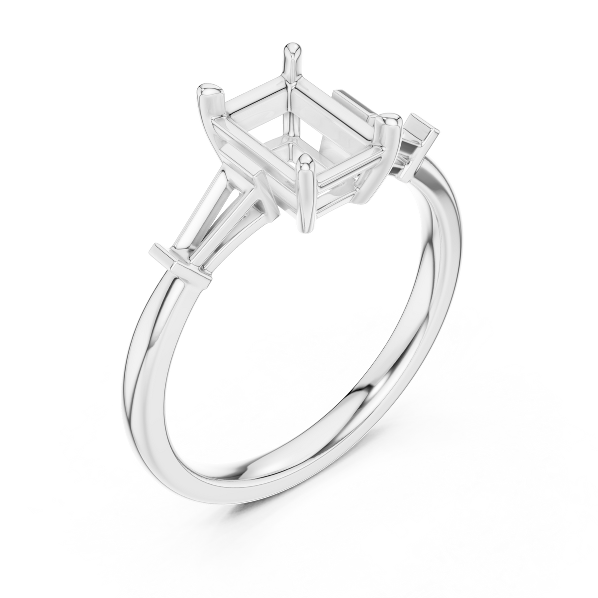 Radiant cathedral tapered baguette three stone engagement ring white gold angle view
