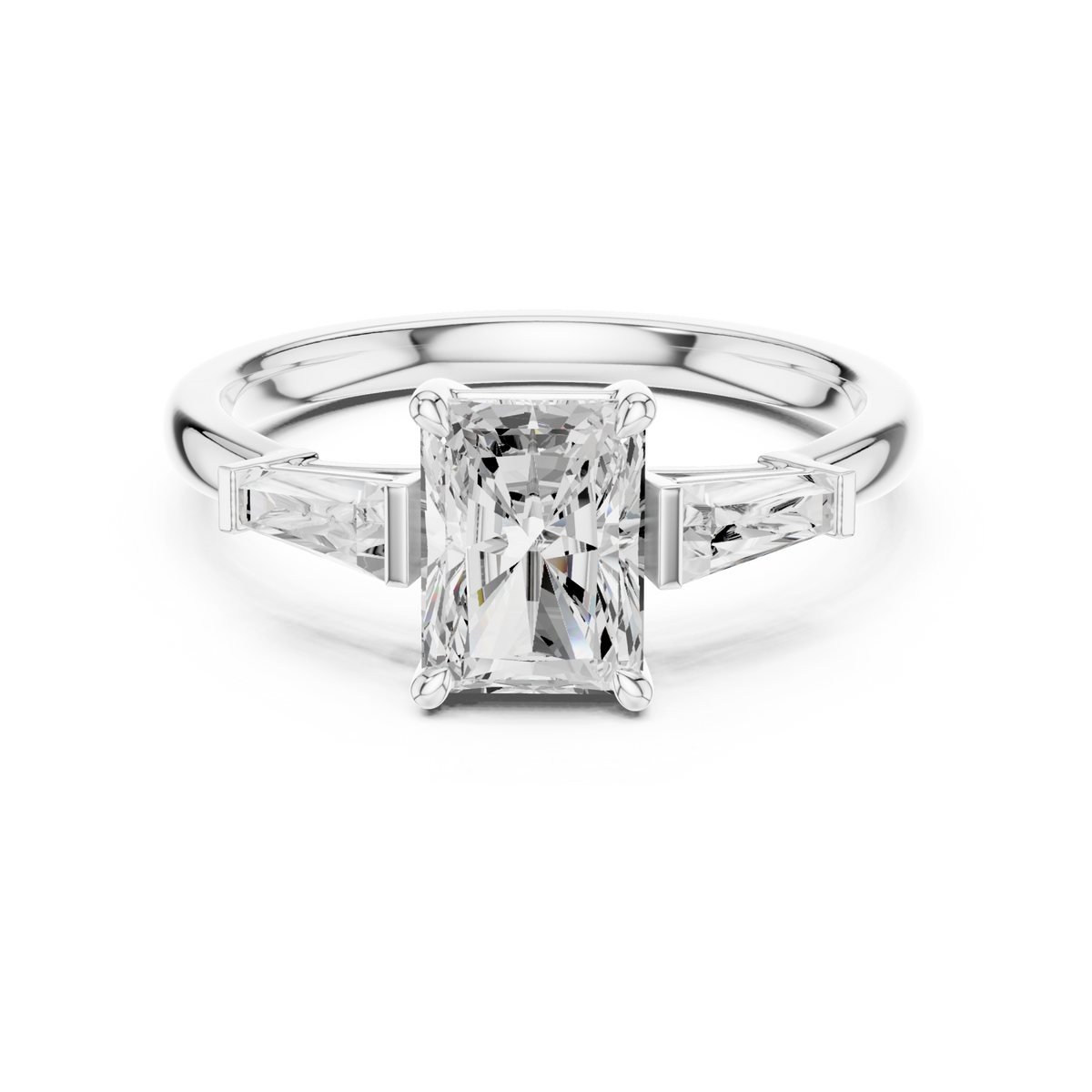 Radiant cathedral tapered baguette three stone engagement ring white gold detail view