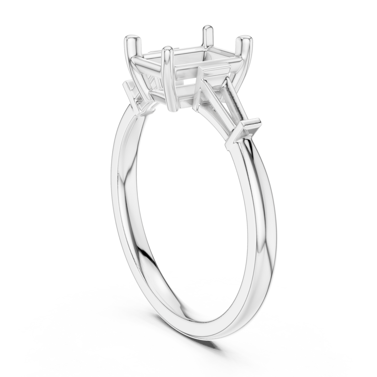 Radiant cathedral tapered baguette three stone engagement ring white gold front view