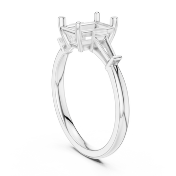 Radiant cathedral tapered baguette three stone engagement ring white gold front view