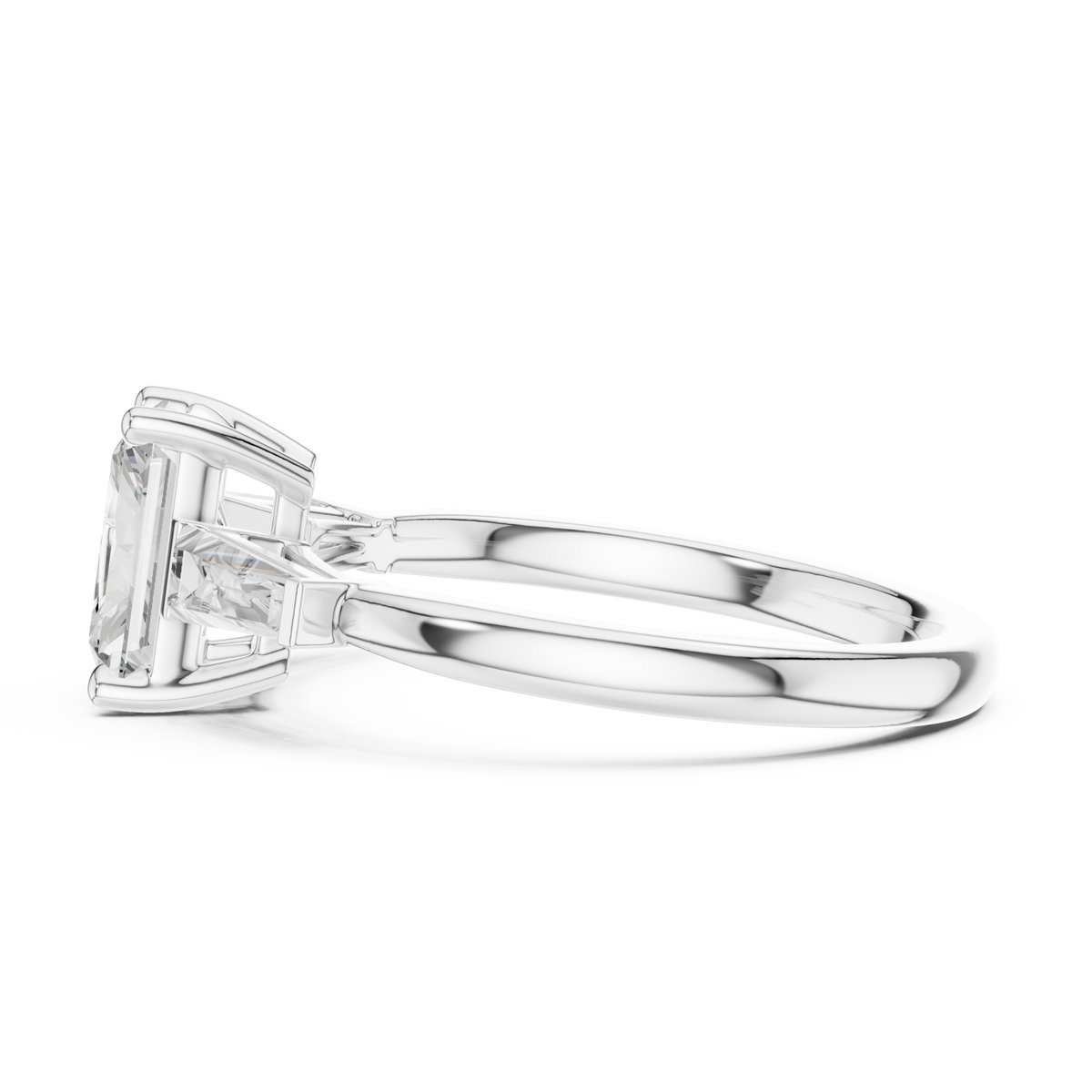 Radiant cathedral tapered baguette three stone engagement ring white gold side view