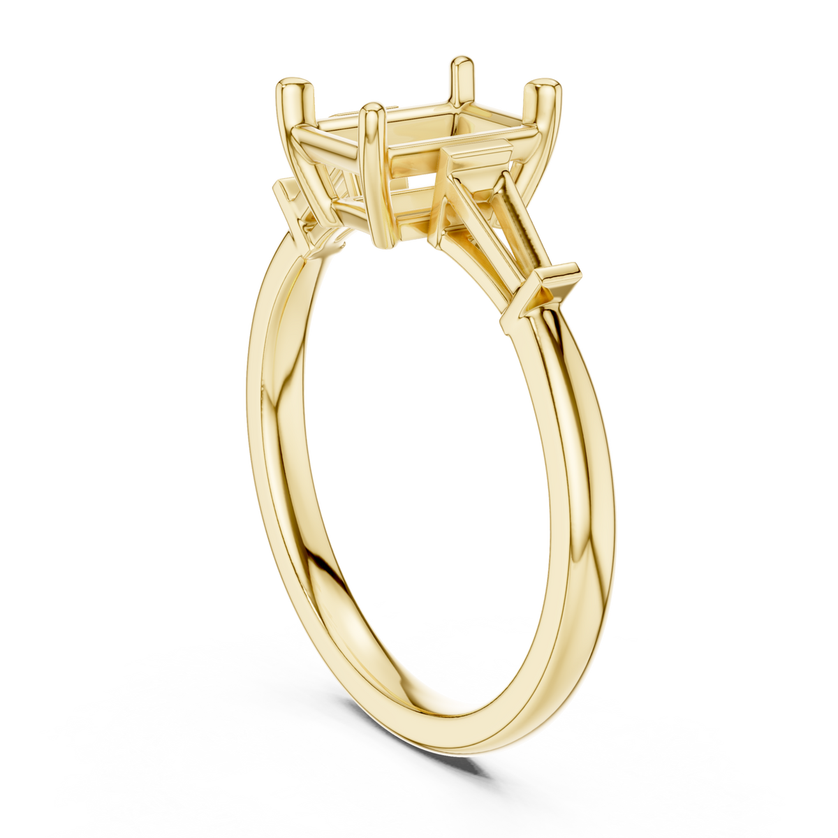 Radiant cathedral tapered baguette three stone engagement ring yellow gold front view