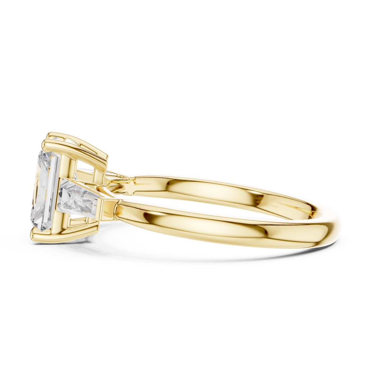 Radiant cathedral tapered baguette three stone engagement ring yellow gold side view