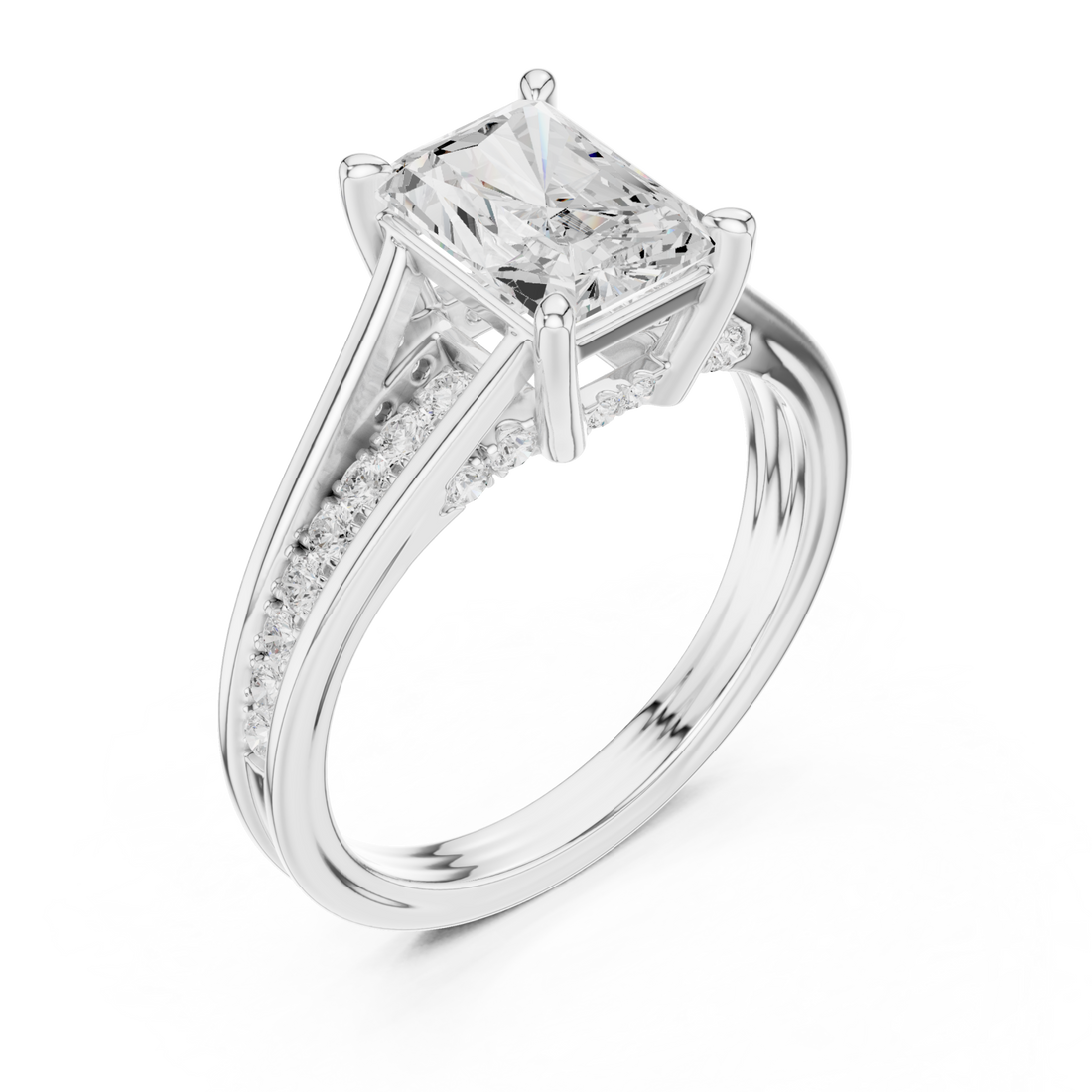 Radiant channel shoulder cathedral ring white gold front view