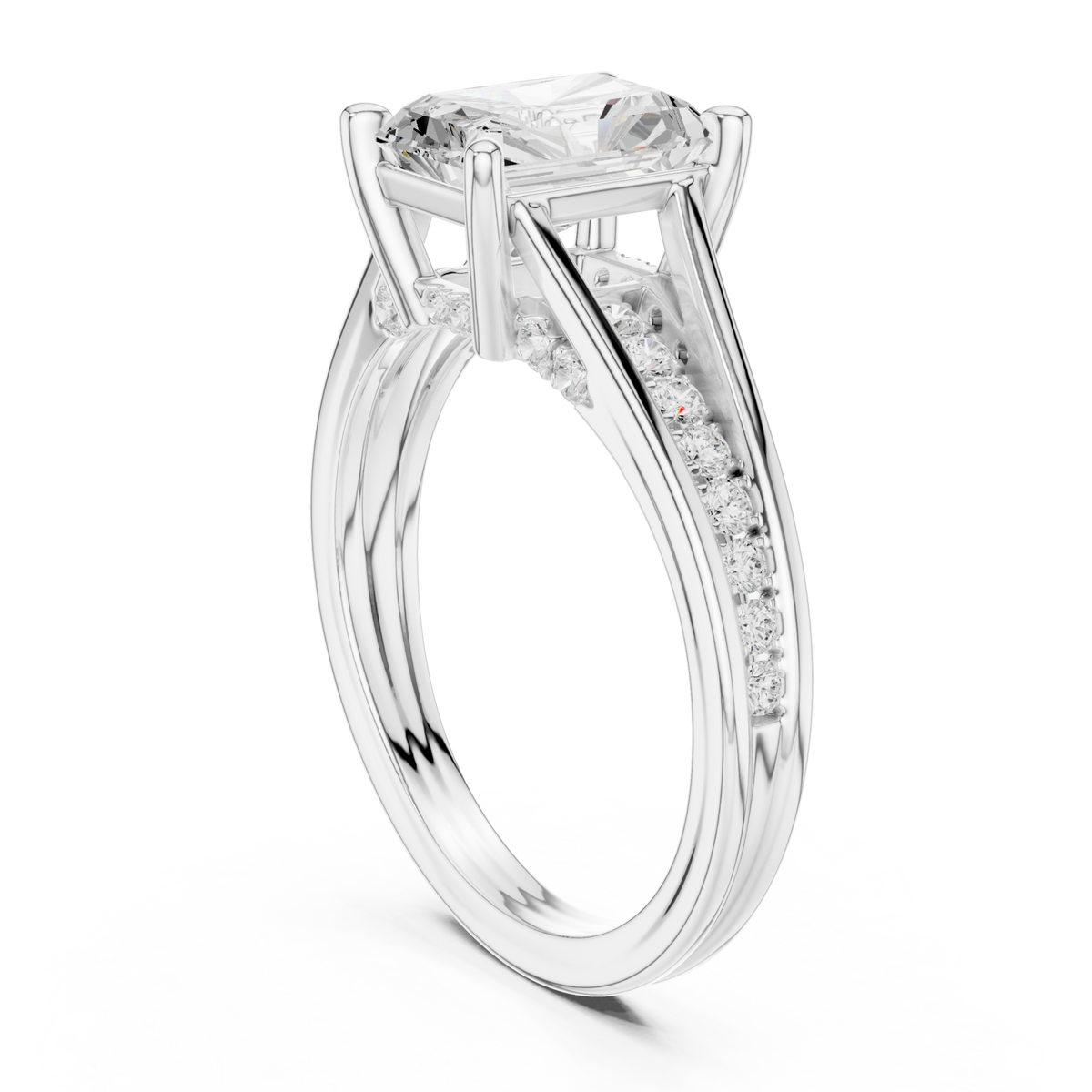 Radiant channel shoulder cathedral ring white gold side view