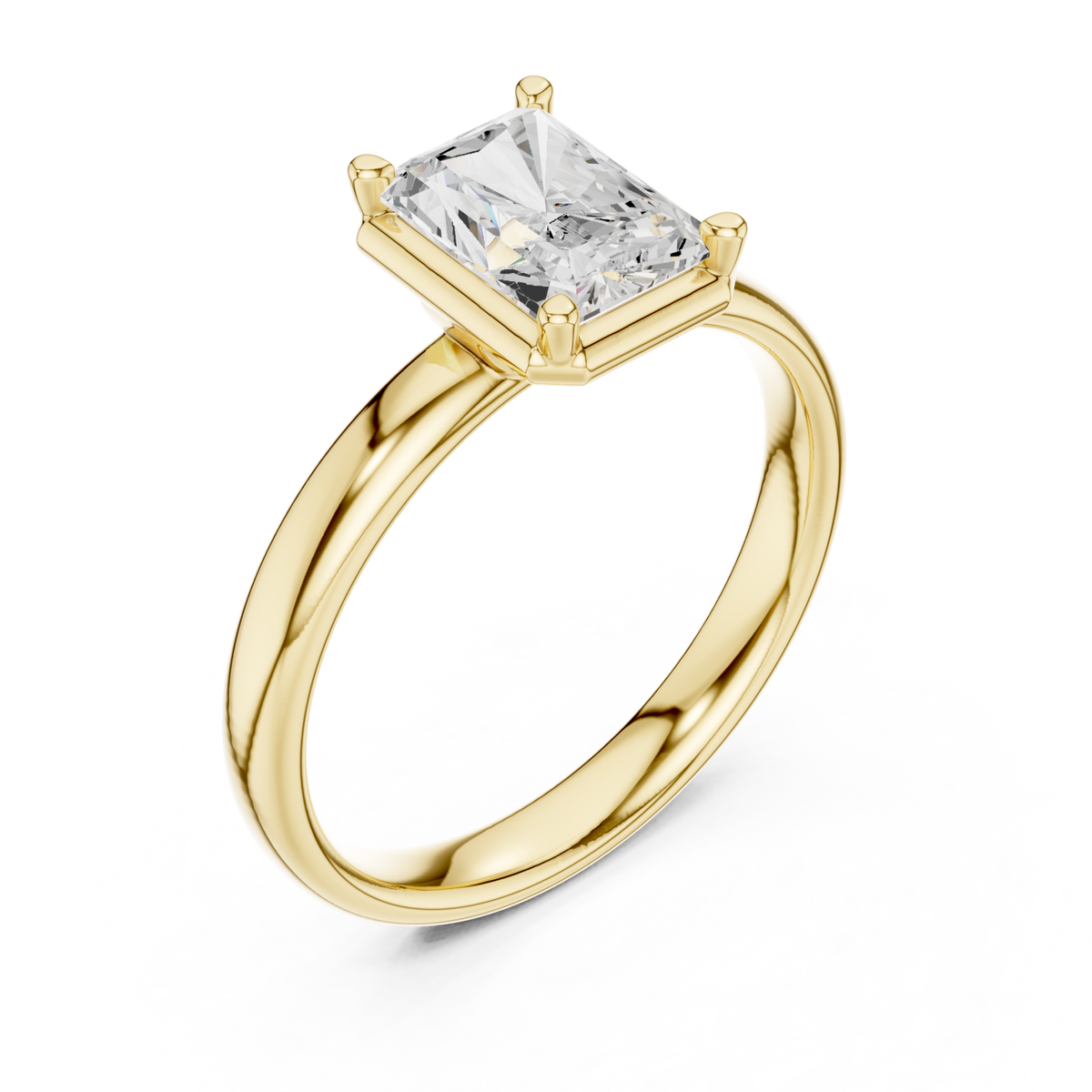 Radiant compass point solitaire engagement ring yellow gold angle view