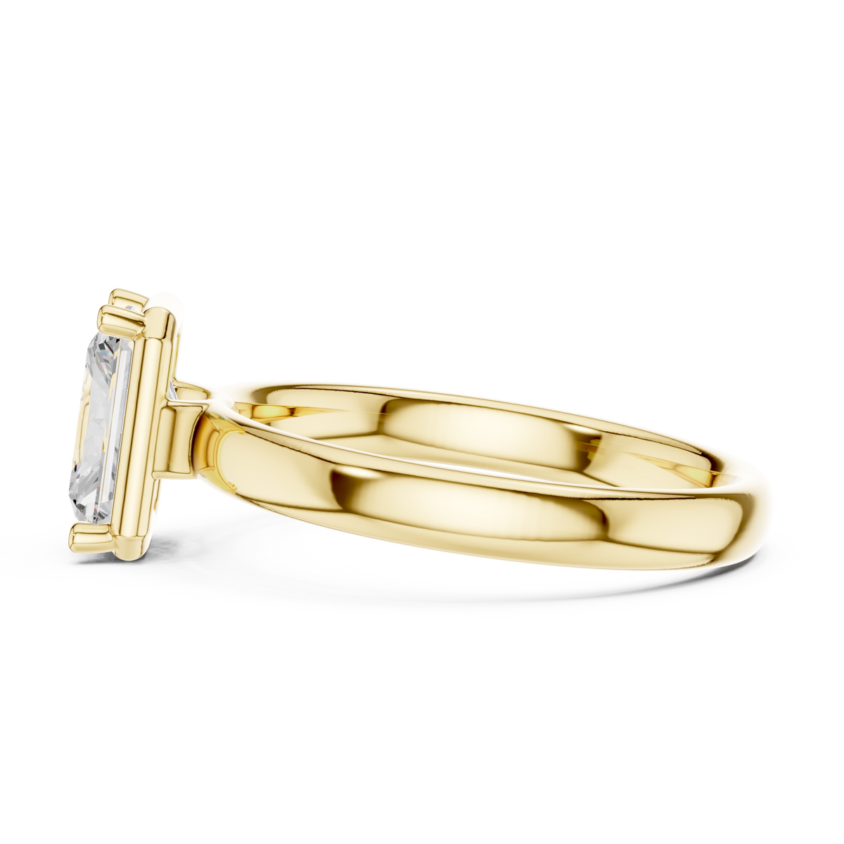 Radiant compass point solitaire engagement ring yellow gold side view