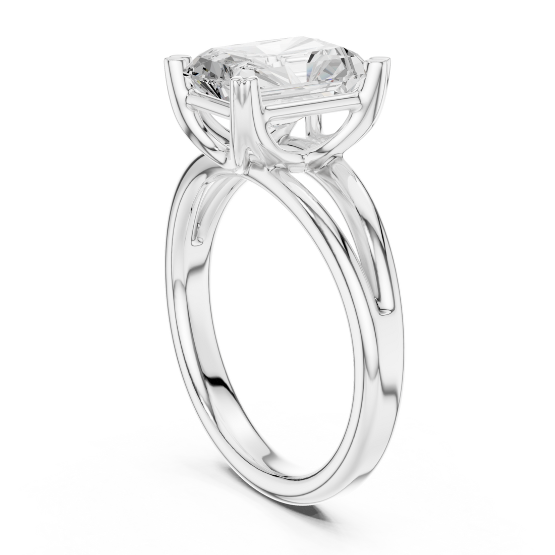 Radiant crossover split shank solitaire engagement ring white gold front view
