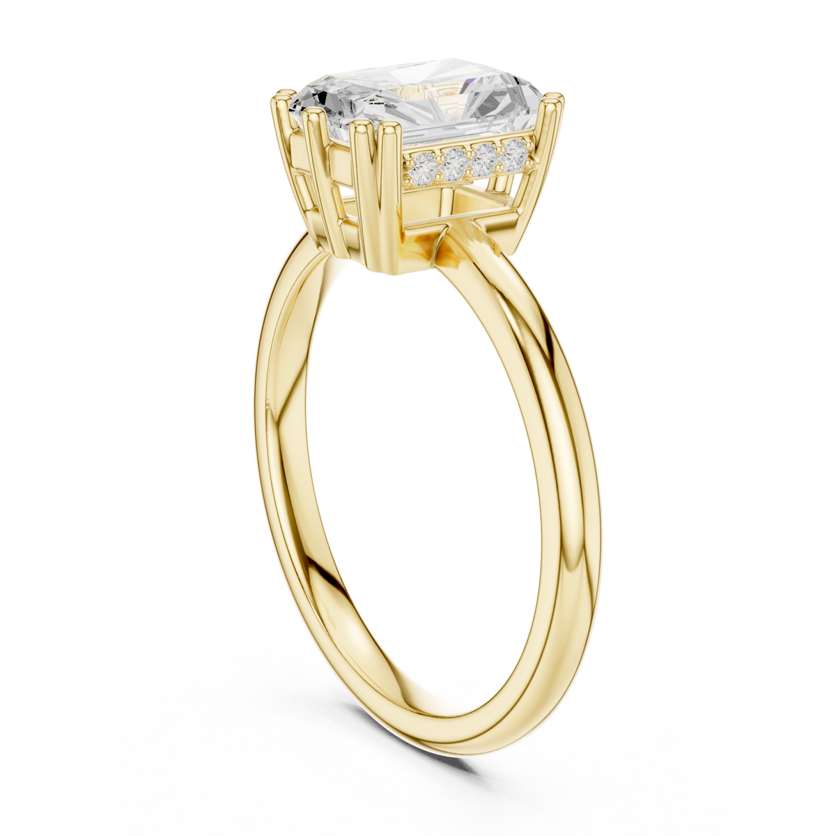 Radiant crown basket solitaire ring yellow gold side view
