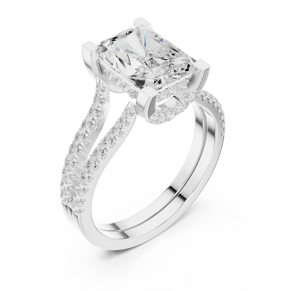 Radiant curved split shank pave engagement ring white gold angle view
