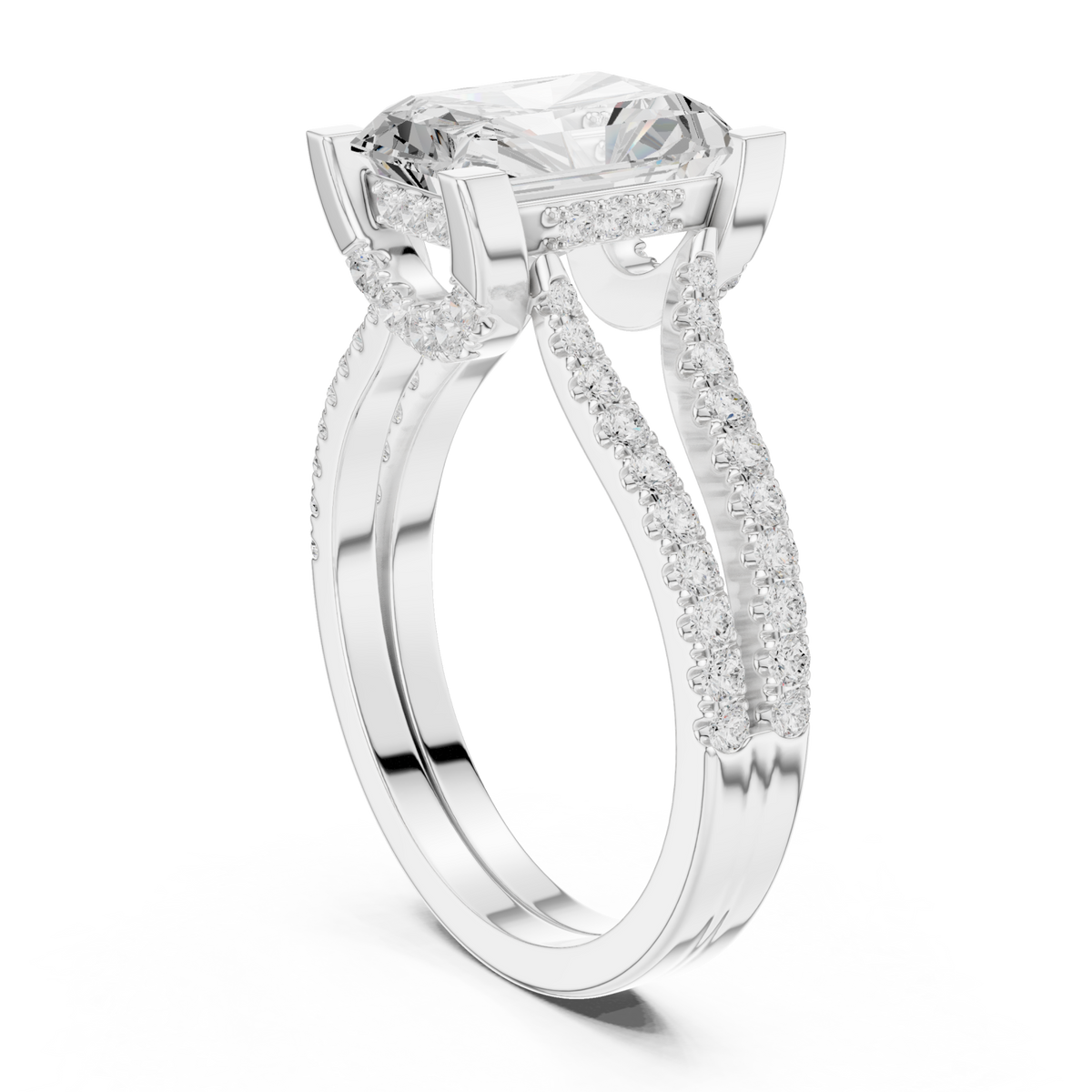 Radiant curved split shank pave engagement ring white gold front view