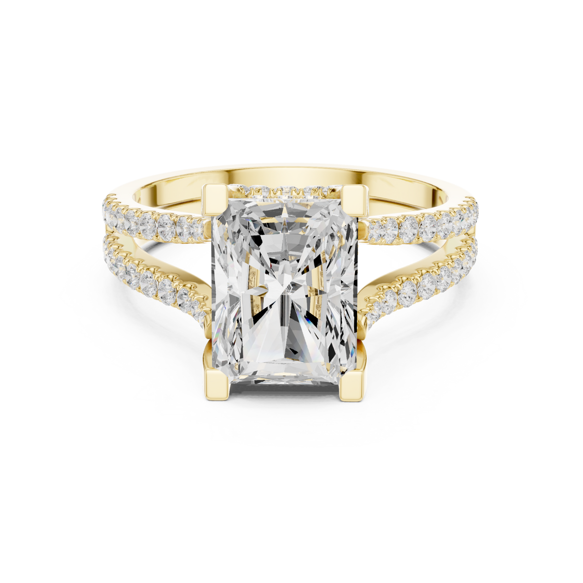 Radiant curved split shank pave engagement ring yellow gold detail view