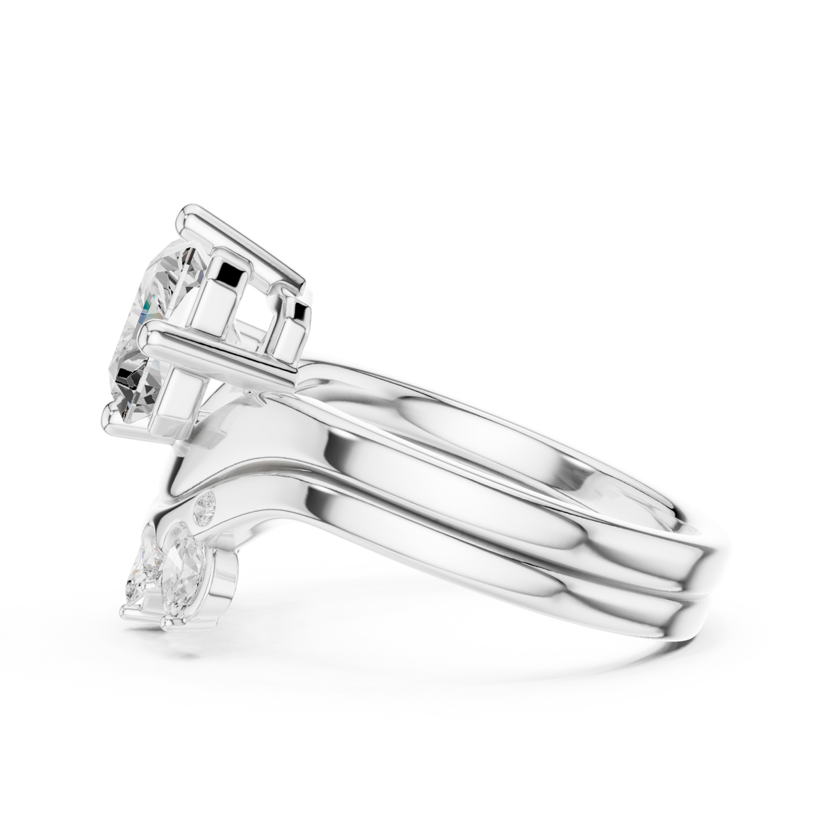 Radiant cut diamond solitaire scatter band bridal set white gold angle view