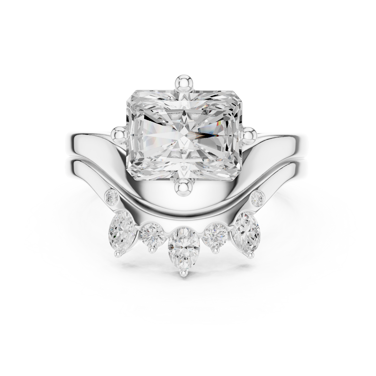 Radiant cut diamond solitaire scatter band bridal set white gold detail view