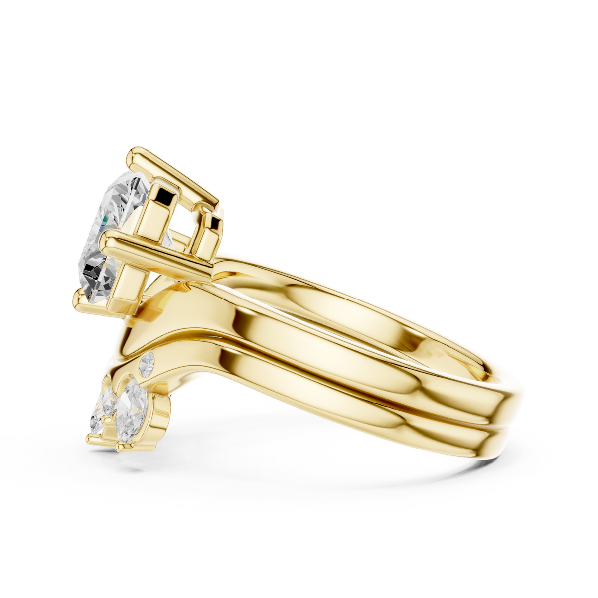Radiant cut diamond solitaire scatter band bridal set yellow gold angle view